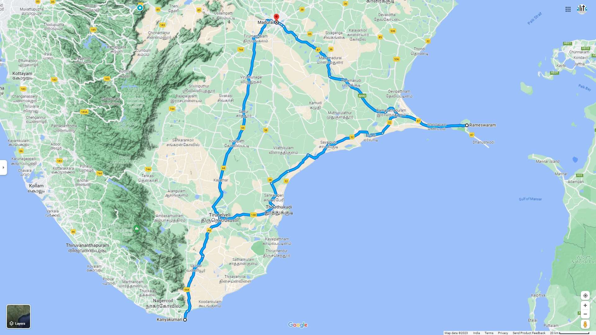 2 Nights 3 Days Elite Itinerary Map For Madurai Rameshwaram & Kanyakumari.