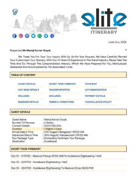 KODAIKANAL ITINERARY PDF By ELITE ITINERARY