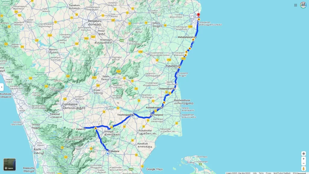 Madurai Palani Trichy Tanjore Kumbakonam Chidambaram Pondicherry Mahabalipuram Chennai Tour Package Map